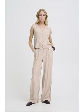 Striped Beige Wide-Leg Pants - Neutral Linen-Feel